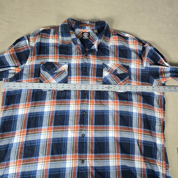 Timberland Mens XXL‎ Flannel Plaid Long Sleeve Shirt Blue Orange Casual Pocket - Picture 4 of 8